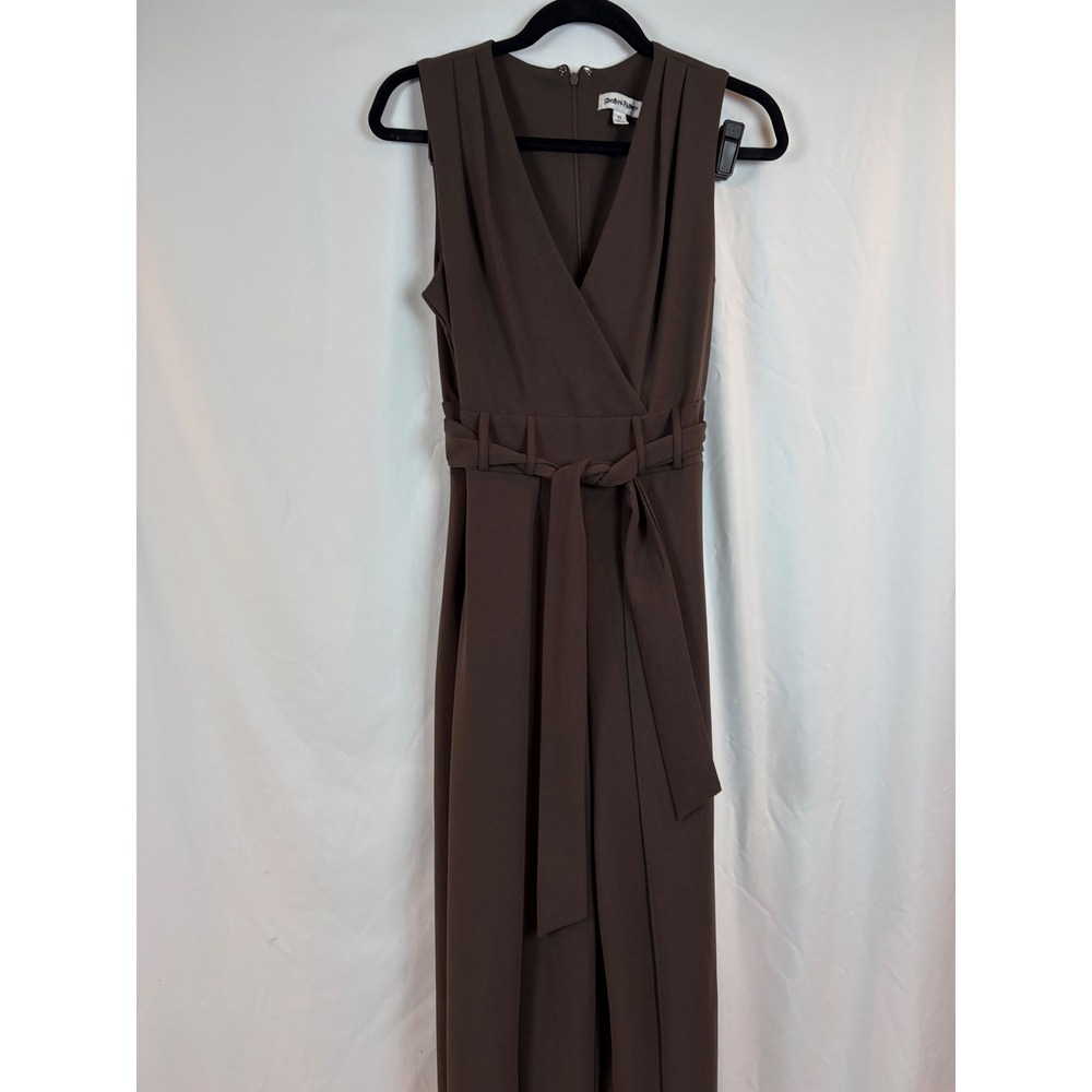 Shelby & Palmer Brown Surplice Wide Leg Sleeveless Belted Jumpsuit Size 10 - Picture 6 of 13
